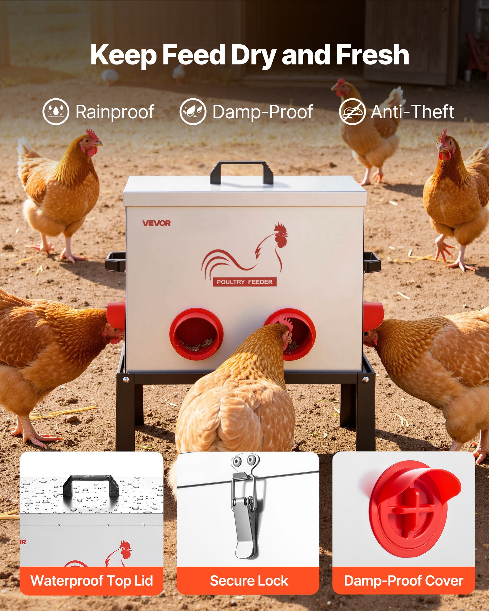VEVOR Distributore per Pollame Galline Capacità 18,14 kg, 6 Porte di Alimentazione, Senza Sprechi Gravità Automatica, con Altezza Regolabile e Coperchio di Bloccaggio, Struttura in Metallo