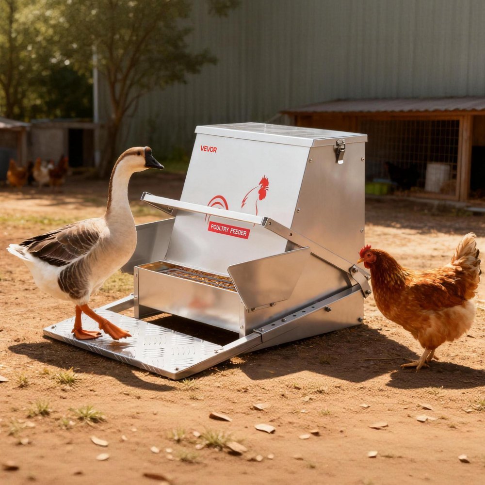 VEVOR Mangiatoia Automatica per Polli, Capacità di 18,14 kg, Mangiatoia per Pollame a Pedale Antipioggia con Coperchio Bloccabile, Senza Sprechi, Struttura in Acciaio Zincato, per Galline Nane