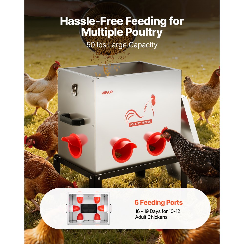 VEVOR Distributore per Pollame Galline Capacità 22,68 kg, 6 Porte di Alimentazione, Senza Sprechi Gravità Automatica, con Altezza Regolabile e Coperchio di Bloccaggio, Struttura in Metallo