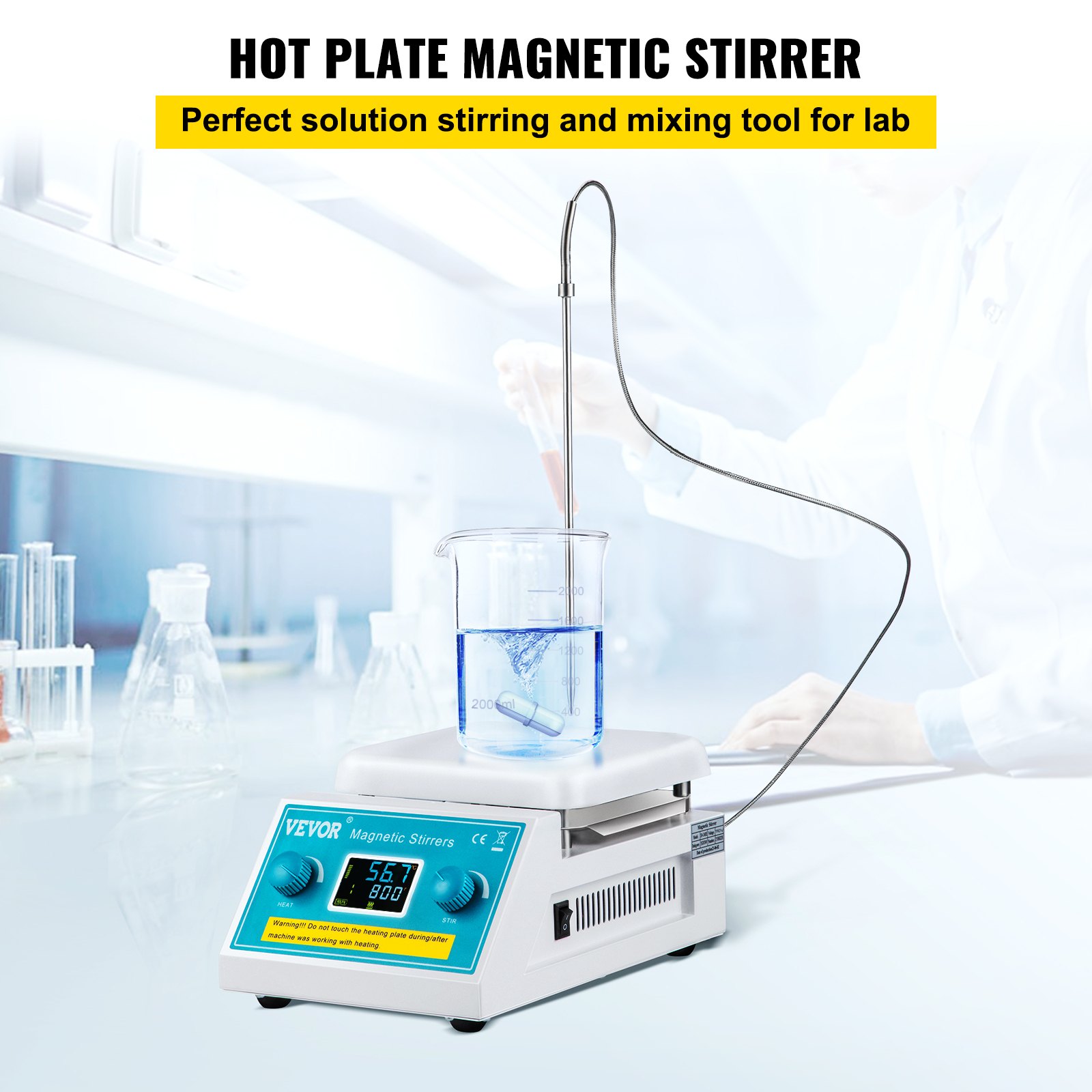 VEVOR Agitatore Magnetico Riscaldante Digitale con Schermo a LED, Miscelatore Magnetico 200-2000 giri/min Regolabile, Agitatore Magnetico con Display 2L per Laboratori, per Esperimenti Scientifici