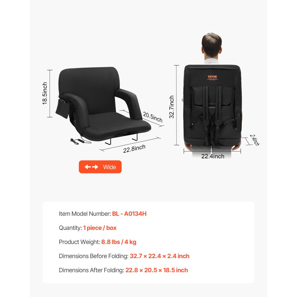 VEVOR Double Heated Stadium Seat with Backrest, 3-Stage Heated Wide Grandstand Seat, Foldable Portable Padded Recliner with Hook Pocket and Drink Holder, Ideal for Sports