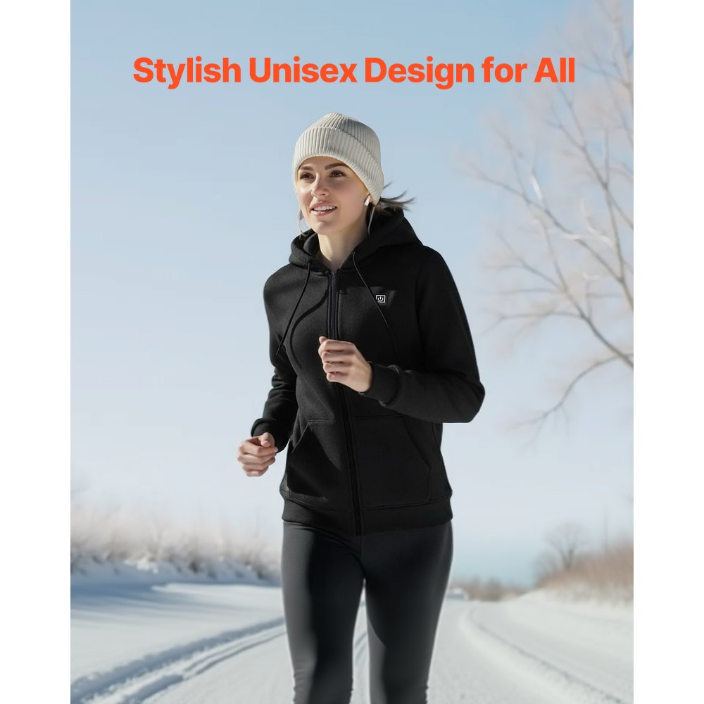 VEVOR Giacca Riscaldata con Cappuccio per Uomo e Donna, Felpa Riscaldata Unisex con Cerniera Intera e Banca di Potere da 7,4 V, Pile Polare Taglia XL, per Campeggio Invernale all'Aperto, Nero