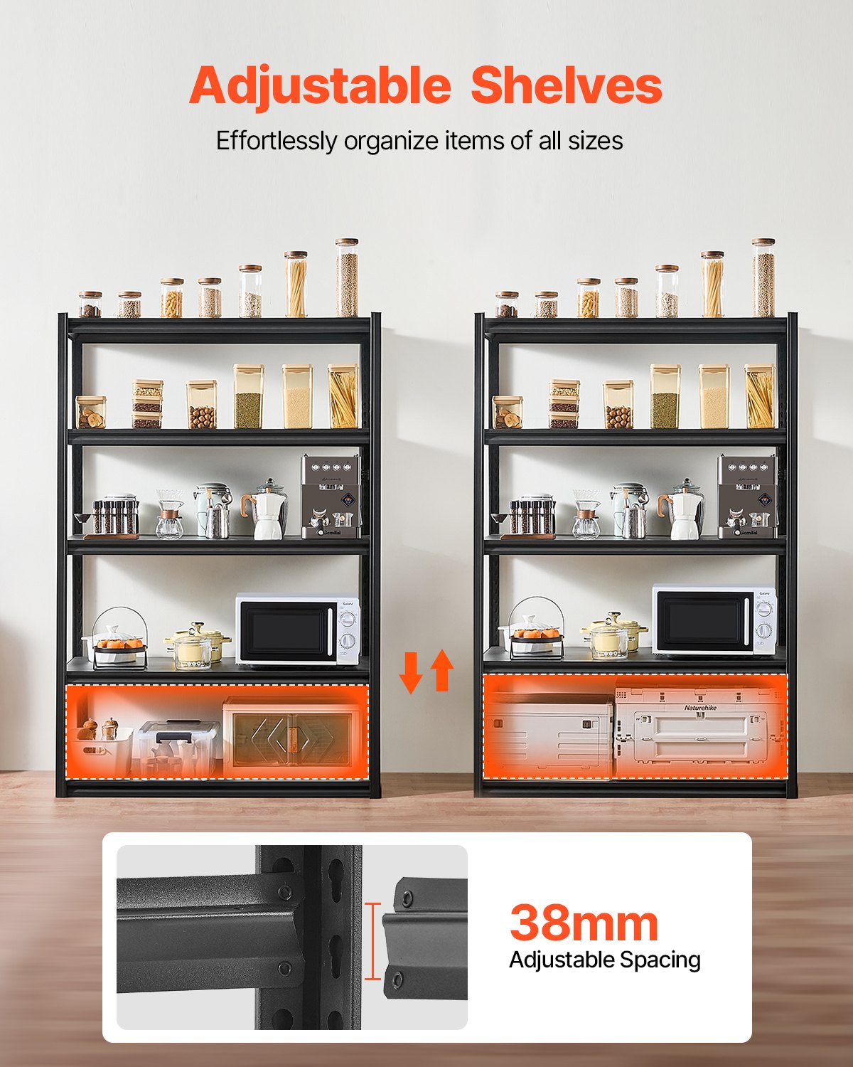 VEVOR Scaffali Portaoggetti,Scaffali Portaoggetti a 5 Livelli, Ripiani in Metallo Regolabili, Scafandro per Cucina, Magazzino, Seminterrato, Nero 1361 kg, 609,6 x 1219,2 x 1828,8 mm