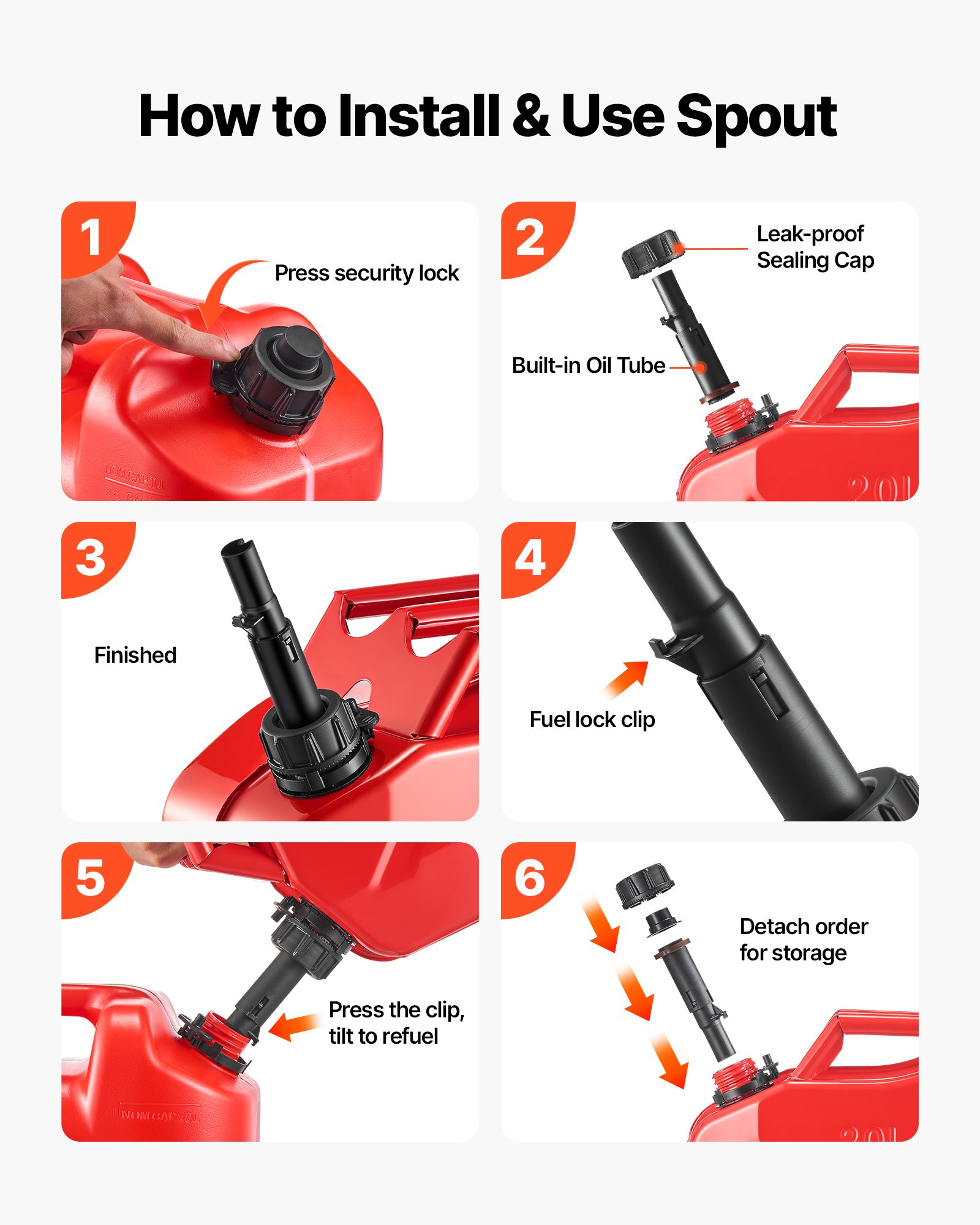 VEVOR Contenitore per Carburante in Metallo 20 L con Beccuccio e Maniglia, Serbatoio per Carburante in Metallo a Prova di Perdite alla Corrosione, per la Maggior Parte di Auto, Moto, Rosso