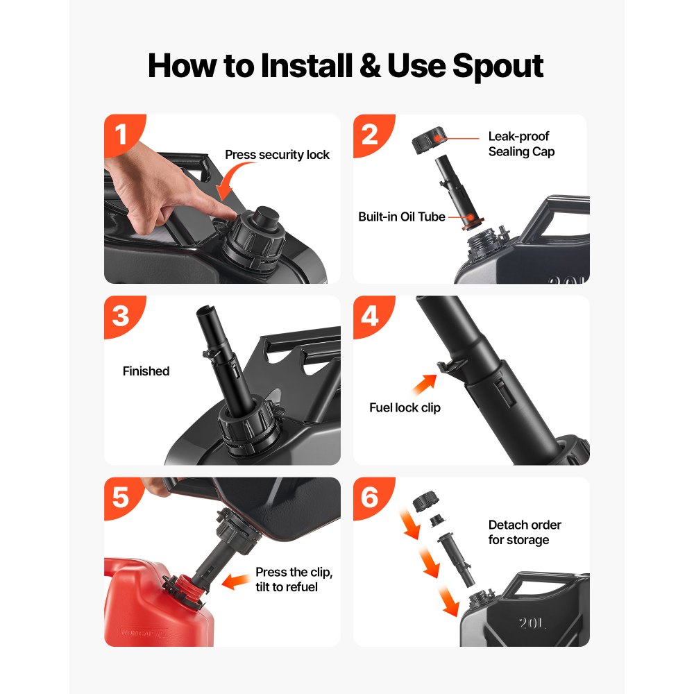 VEVOR Contenitore per Carburante in Metallo 20 Litri con Beccuccio e Maniglia, a Prova di Perdite e Resistente alla Corrosione, Adatto per la Maggior Parte di Auto, Moto, ATV e UTV, Nero