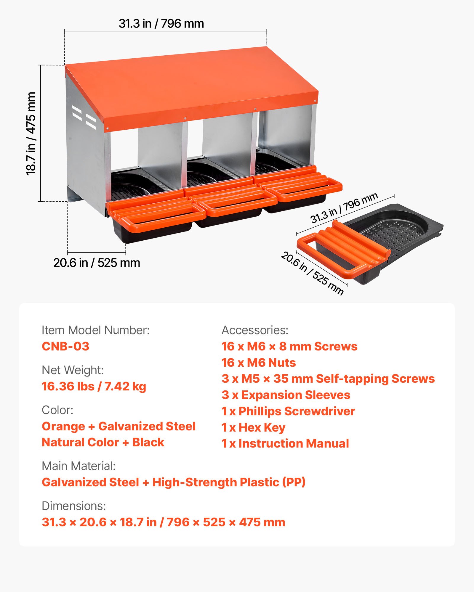 VEVOR Nido per Polli 796 x 525 x 475 mm Nido per Galline a 3 Scomparti, Stabile Resistente alla Corrosione, con Nidi Inclinati, Fori sul Fondo e Piattaforma di Riposo, Adatto a Diverse Razze di Polli