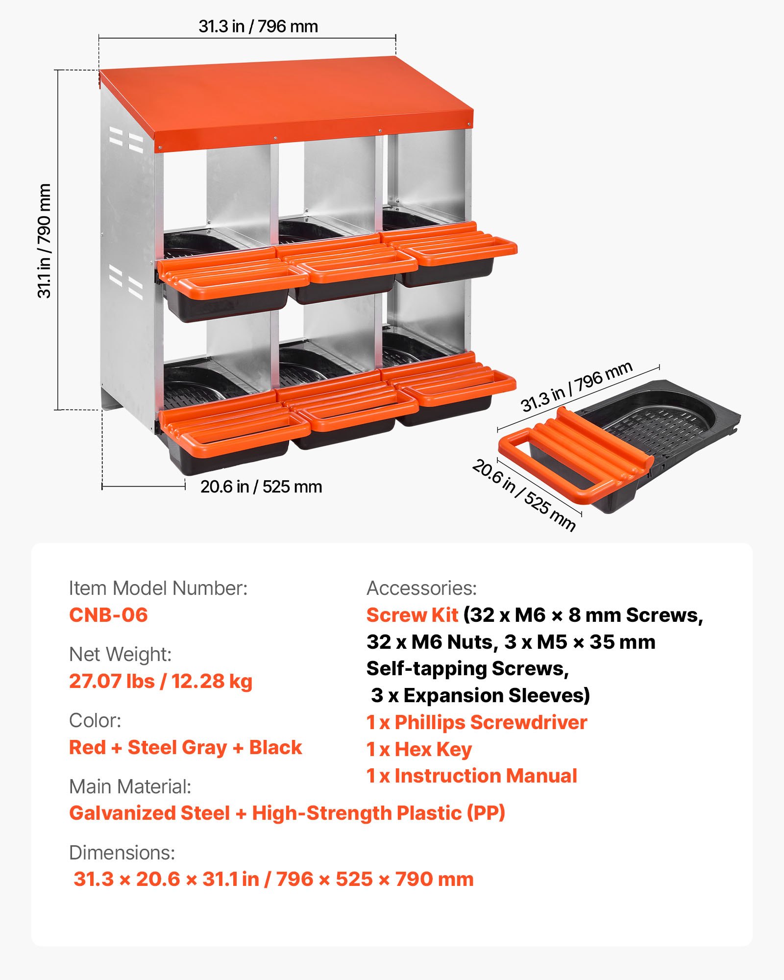 VEVOR Nido per Polli 796 x 525 x 790 mm Nido per Galline a 6 Scomparti, Stabile Resistente alla Corrosione, con Nidi Inclinati, Fori sul Fondo e Piattaforma di Riposo, Adatto a Diverse Razze di Polli