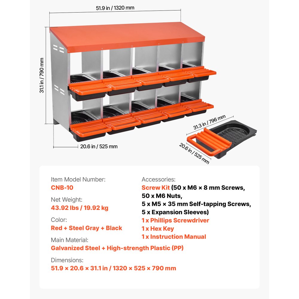 VEVOR Nido per Polli 1320 x 525 x 790 mm Nido per Galline 10 Scomparti, Stabile Resistente alla Corrosione, con Nidi Inclinati, Fori sul Fondo e Piattaforma di Riposo, Adatto a Diverse Razze di Polli