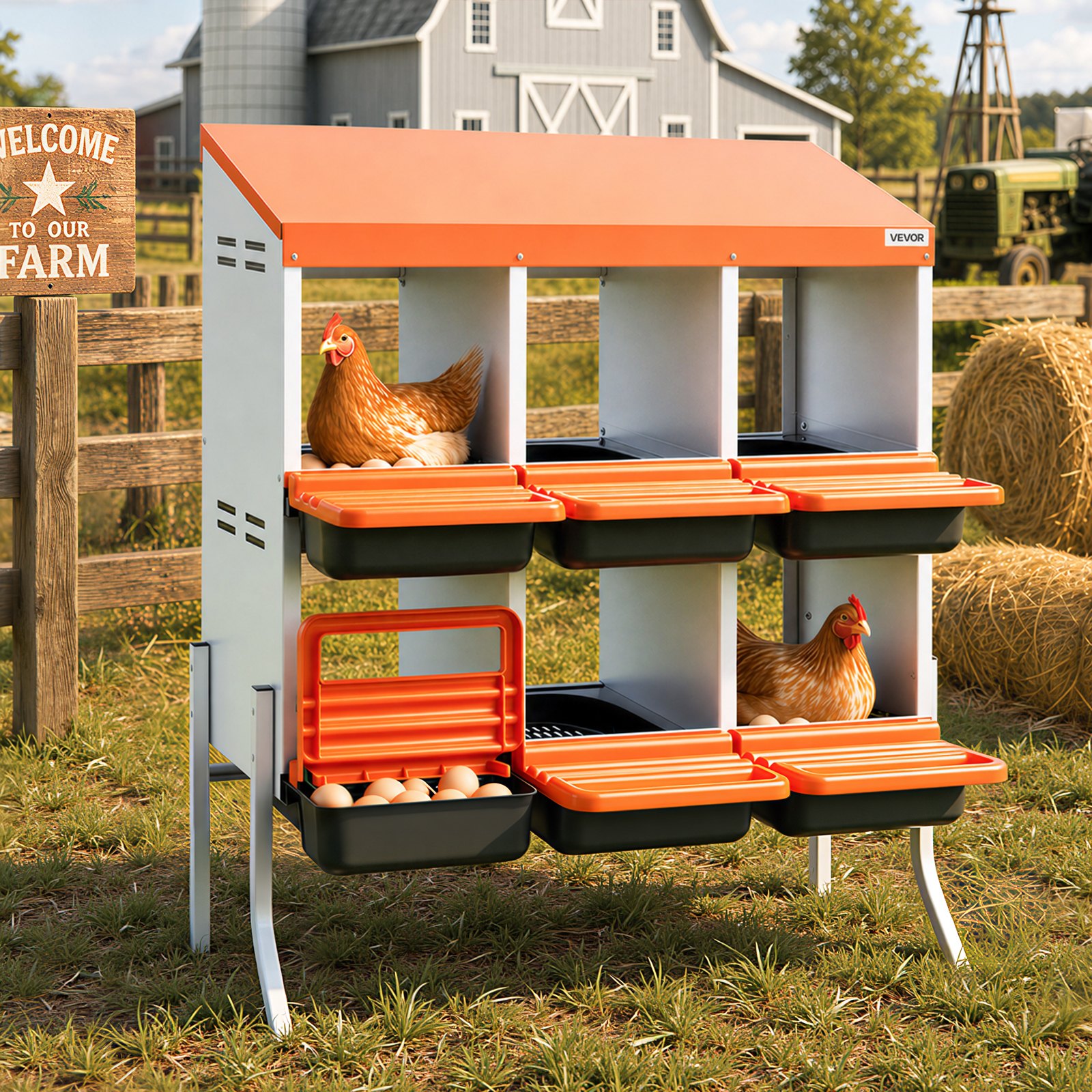 VEVOR Nido con Cassetto di Raccolta Uova per Galline, 6 Scomparti con Gambe di Supporto, Facile Raccolta, Acciaio Zincato e Plastica ad Alta Resistenza, Nido per Deposizione di Uova di Gallina