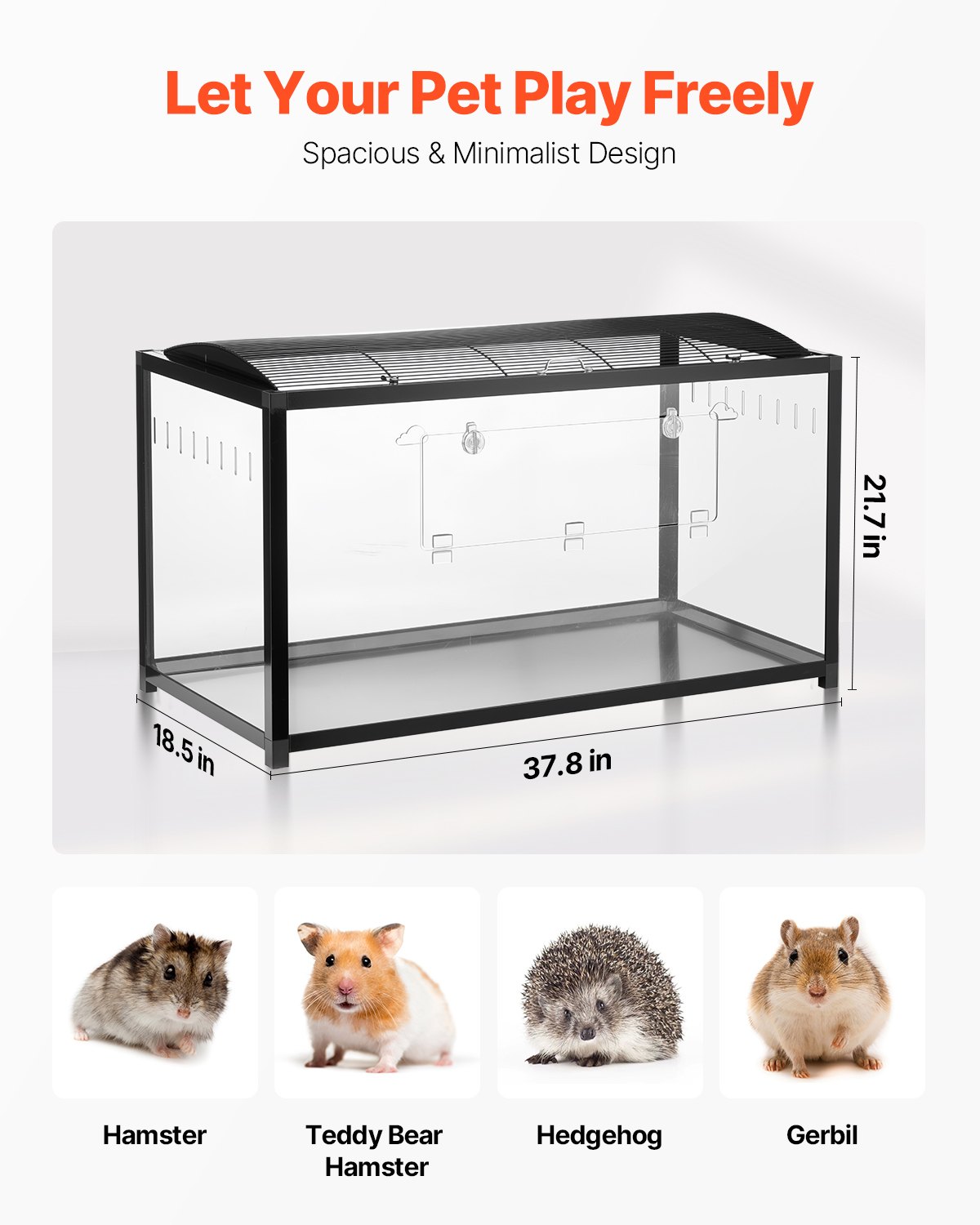 VEVOR Hamster Cage, 360° View, Transparent Hamster Habitat, Small Animal Cage, 96x47x55 cm, Ventilated Mouse Cage with Front Door, Rat Cage, Portable Hamster House for Rats, Guinea Pigs
