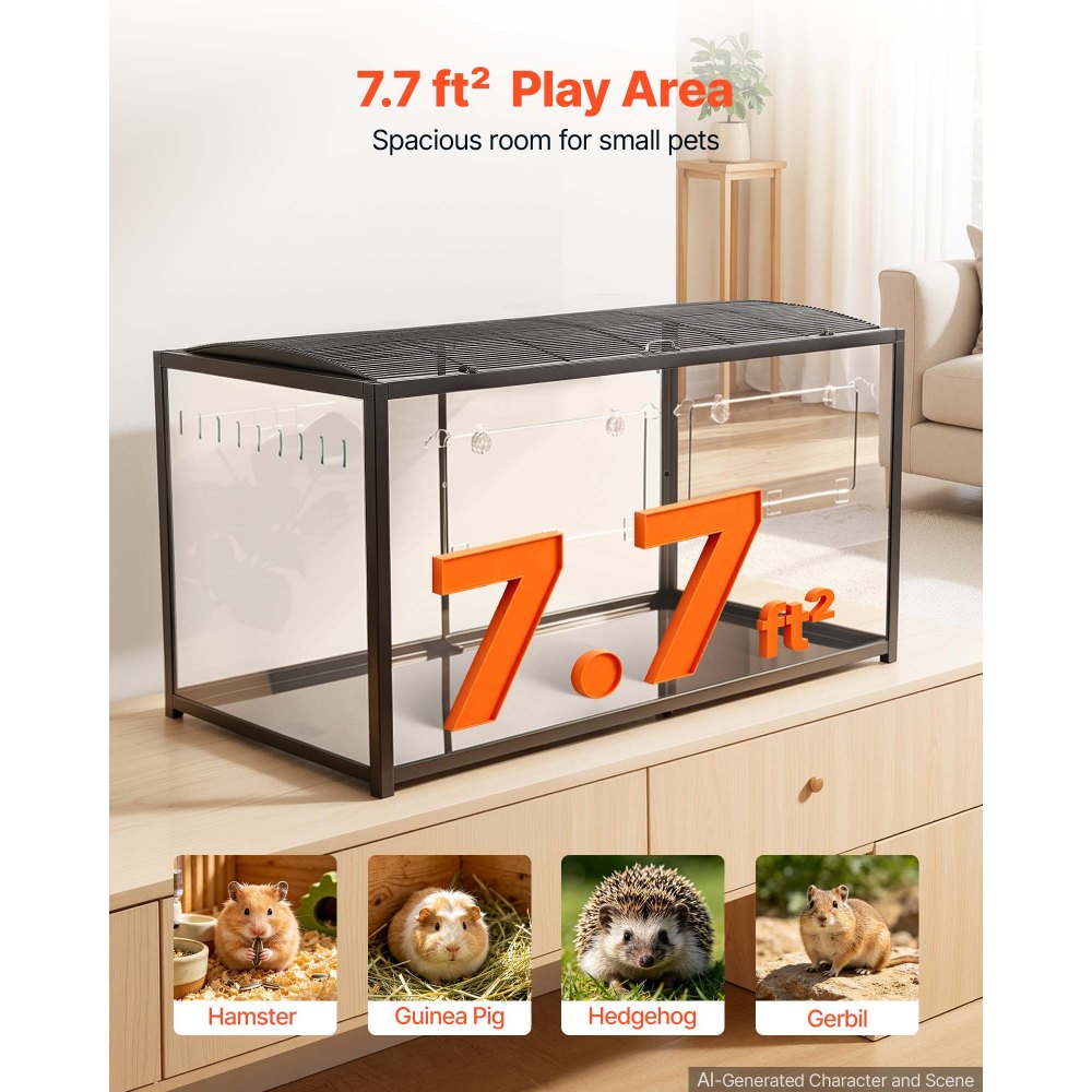 VEVOR Gabbia per Criceti Metallica 1200 x 600 x 645 mm Colore Nero 0,7 m², Habitat con Visuale a 360°, Casetta Portatile Trasparente con Accesso Alto e Porta Frontale, per Ratti Topi Ricci Serpenti