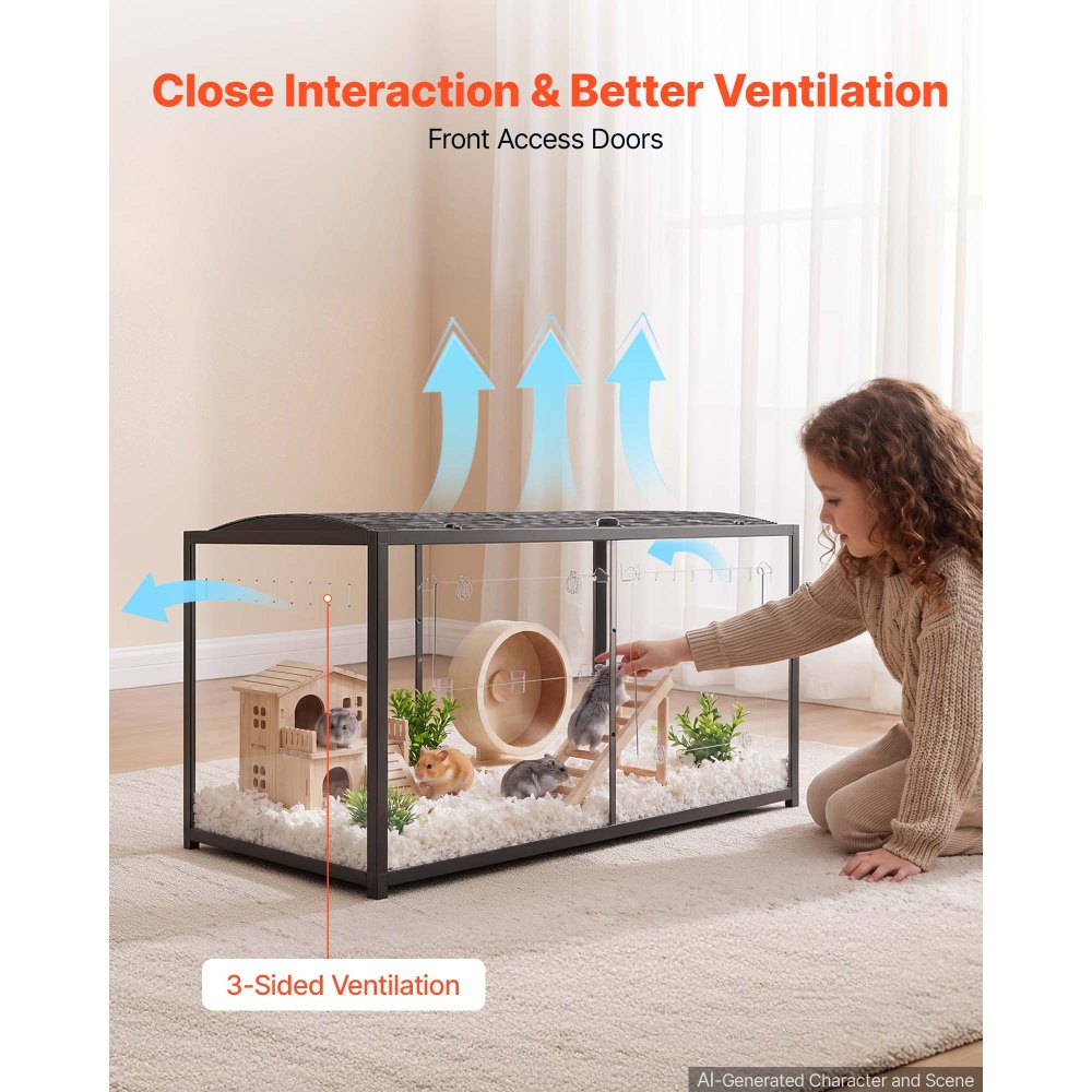 VEVOR Gabbia per Criceti Metallica 1200 x 600 x 645 mm Colore Nero 0,7 m², Habitat con Visuale a 360°, Casetta Portatile Trasparente con Accesso Alto e Porta Frontale, per Ratti Topi Ricci Serpenti