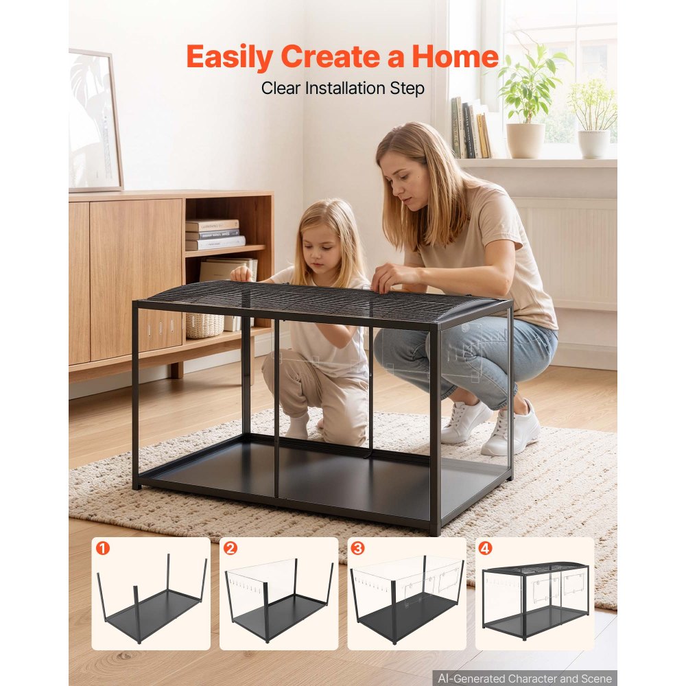 VEVOR Gabbia per Criceti Metallica 1200 x 600 x 645 mm Colore Nero 0,7 m², Habitat con Visuale a 360°, Casetta Portatile Trasparente con Accesso Alto e Porta Frontale, per Ratti Topi Ricci Serpenti