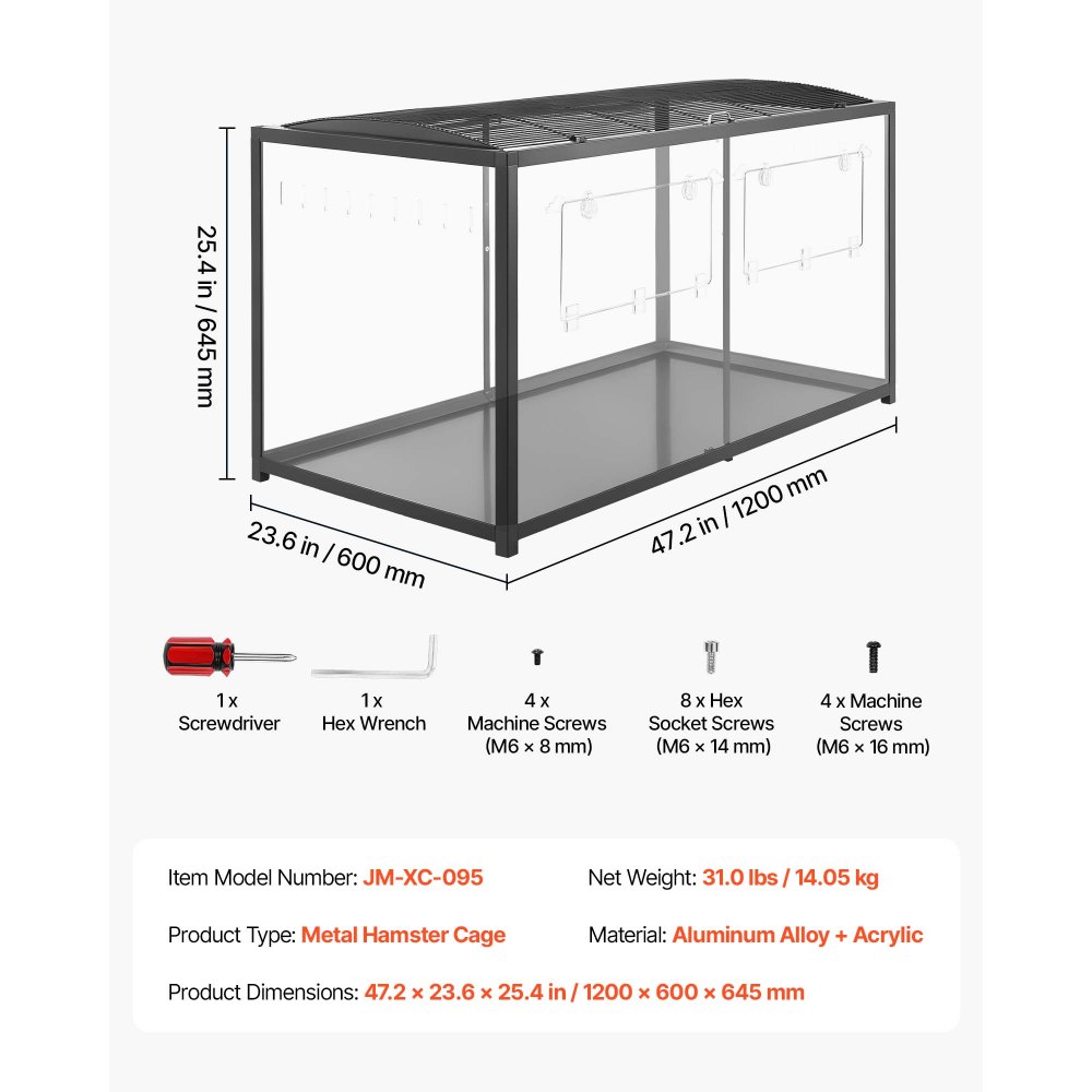 VEVOR Gabbia per Criceti Metallica 1200 x 600 x 645 mm Colore Nero 0,7 m², Habitat con Visuale a 360°, Casetta Portatile Trasparente con Accesso Alto e Porta Frontale, per Ratti Topi Ricci Serpenti