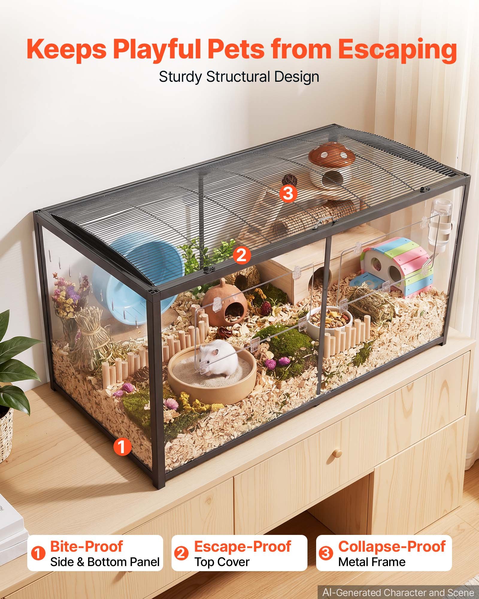 VEVOR Gabbia per Criceti Metallica 1200 x 600 x 645 mm Colore Nero 0,7 m², Habitat con Visuale a 360°, Casetta Portatile Trasparente con Accesso Alto e Porta Frontale, per Ratti Topi Ricci Serpenti