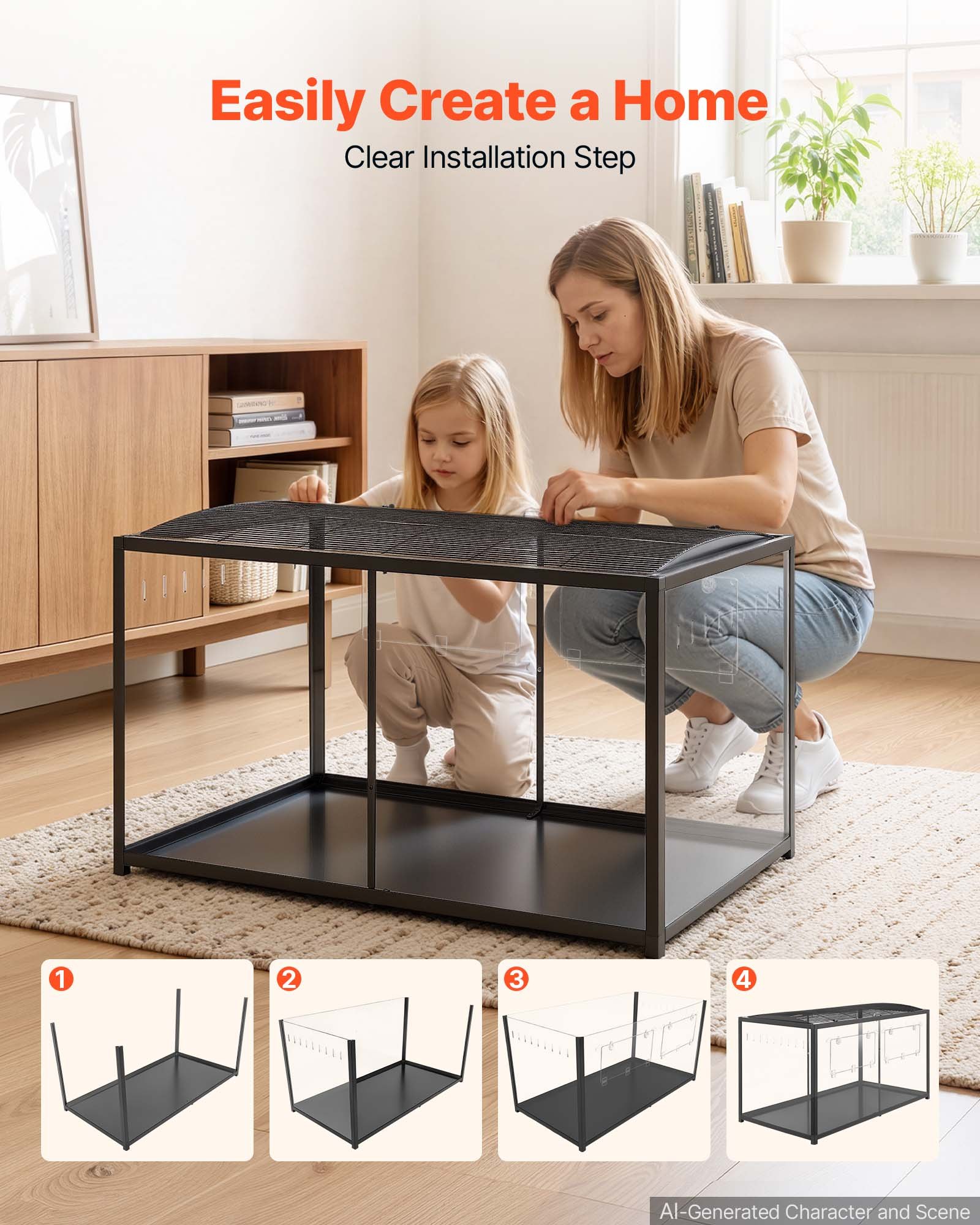 VEVOR Gabbia per Criceti Metallica 1200 x 600 x 645 mm Colore Nero 0,7 m², Habitat con Visuale a 360°, Casetta Portatile Trasparente con Accesso Alto e Porta Frontale, per Ratti Topi Ricci Serpenti