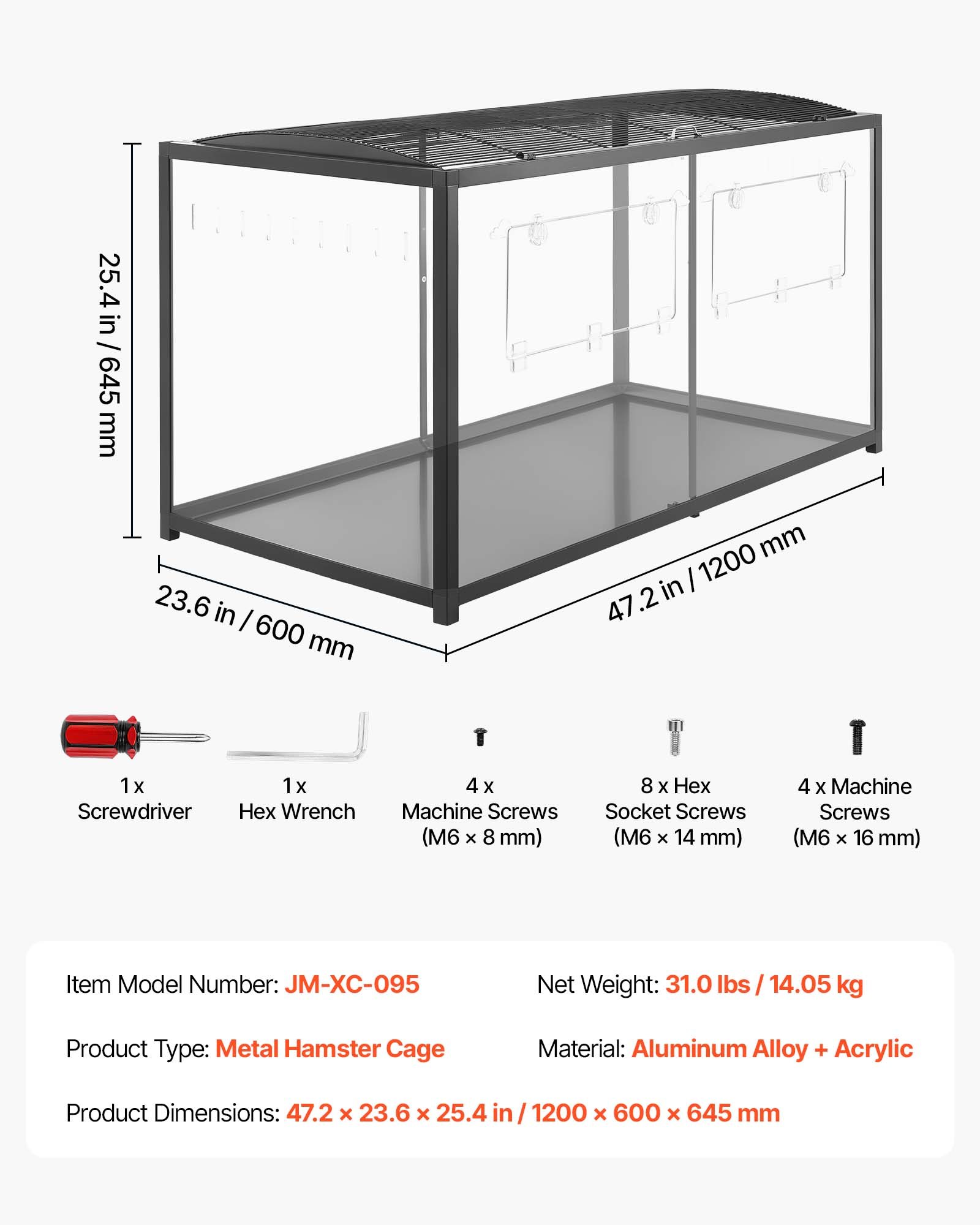 VEVOR Gabbia per Criceti Metallica 1200 x 600 x 645 mm Colore Nero 0,7 m², Habitat con Visuale a 360°, Casetta Portatile Trasparente con Accesso Alto e Porta Frontale, per Ratti Topi Ricci Serpenti