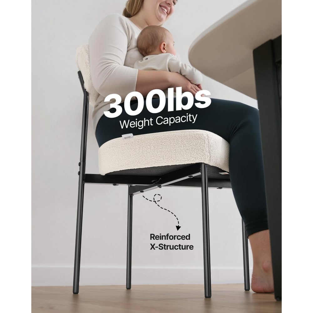 VEVOR Boucle Dining Chairs Set of 2, Mid Century Modern Sherpa Accent Chairs, Upholstered Side Chair for Dining Table, Space-Saving White Kitchen Table Chair with Curved Backrest and Black Metal Legs