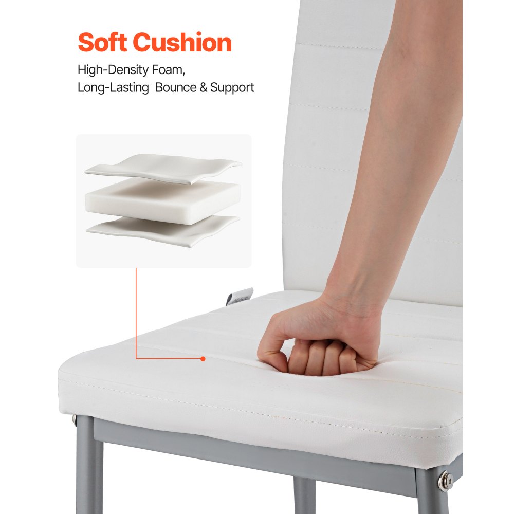 VEVOR Sedia da Pranzo Moderna 465 x 405 x 970 mm Elegante Sedia Laterale Imbottita in Pelle, 4 Pezzi, Seduta Comoda, Capacità di Carico 136 kg con Cuscini Spessi e Gambe in Metallo, Bianche