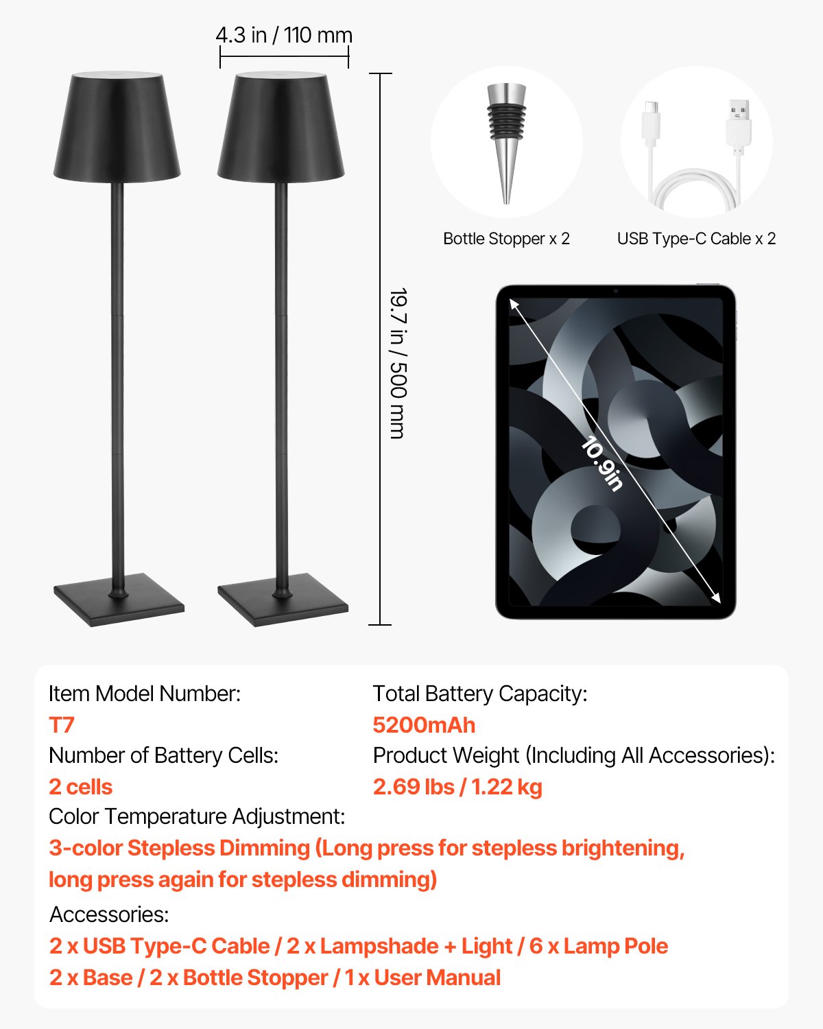 VEVOR Cordless Table Lamp (2 Pack) with Detachable Shade & 5200 mAh Built-in Rechargeable Battery, Desk Lamp, 3 Adjustable Heights, Table Lamp for Restaurants, Black
