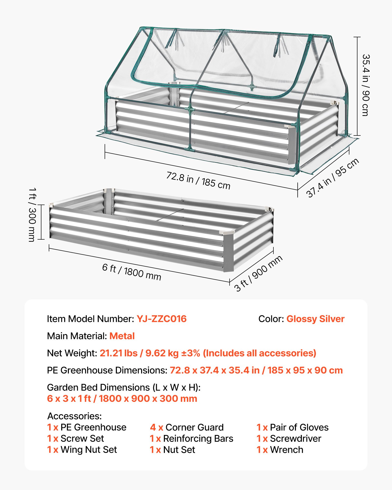 VEVOR Fioriera Rialzata con Copertura 1800x900x300 mm, Aiuola Rialzata Rettangolare per Giardinaggio in Metallo da Esterno Fioriera Serra per Coltivazione Fiori Verdure Piante Orto Giardino