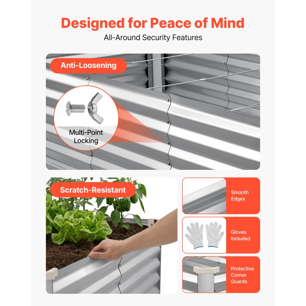 VEVOR Galvanized Raised Garden Bed, 2400 x 1200 x 620 mm, Rectangular Metal Planter Box Kit Outdoor, Bottomless Elevated Planting Box with Gloves, Alu-Zinc, for Growing Flowers Vegetables, Silver