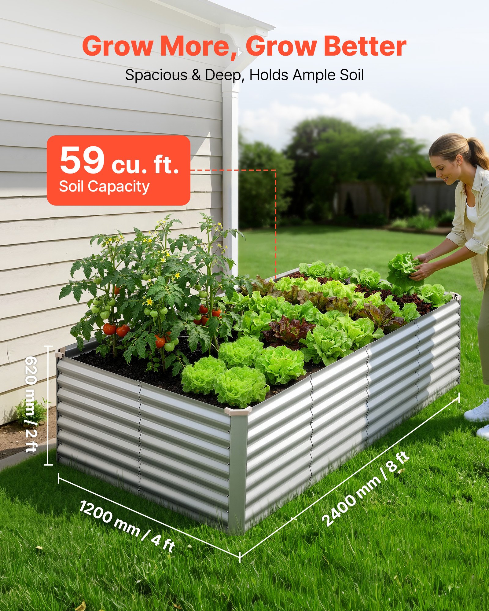 VEVOR Galvanized Raised Garden Bed, 2400 x 1200 x 620 mm, Rectangular Metal Planter Box Kit Outdoor, Bottomless Elevated Planting Box with Gloves, Alu-Zinc, for Growing Flowers Vegetables, Silver