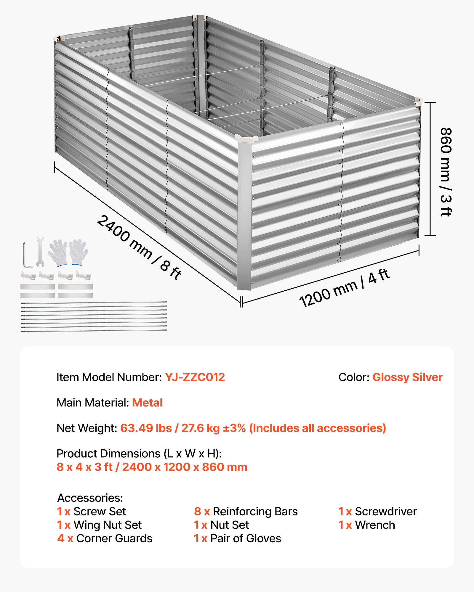 VEVOR Galvanized Raised Garden Bed, 2400 x 1200 x 860 mm, Rectangular Metal Planter Box Kit Outdoor, Bottomless Planting Box with Gloves, Rustproof Alu-Zinc, for Growing Flowers Vegetables, Silver