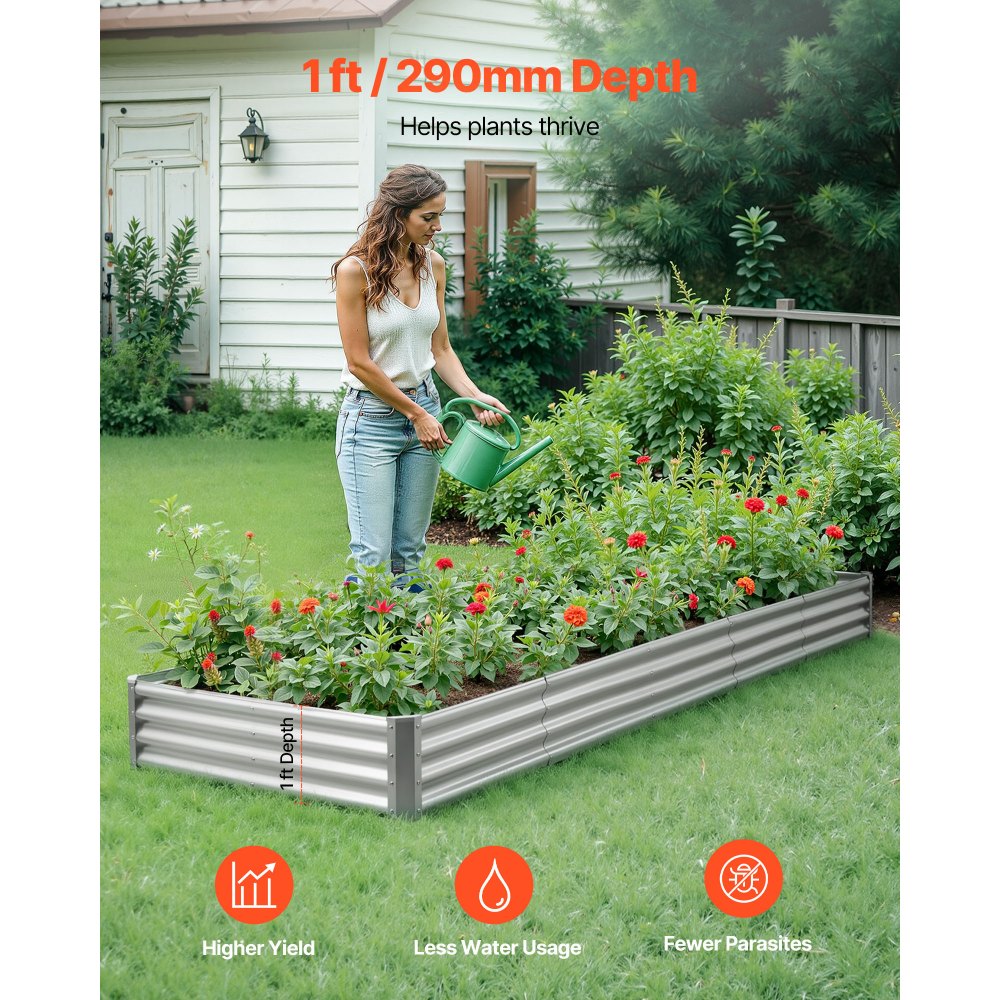 VEVOR Aiuola Rialzata in Metallo per Giardino Balcone da 3600 x 1200 x 290 mm, Design a Fondo Aperto, Grande Aiuola Rialzata per la Coltivazione di Verdure, Fiori e Piante Grasse, Colore Zincato