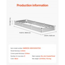 VEVOR Letto da Giardino Rialzato in Metallo 3605 x 1205 x 285 mm Argento