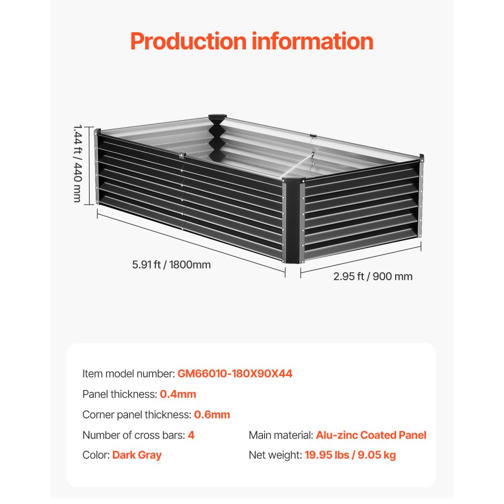 VEVOR Metal Raised Bed 180x90x44cm Galvanized Planter for Outdoor Use, with Open Bottom, Large Vegetable Bed for Growing Vegetables, Flowers, Herbs and Succulents, Dark Grey