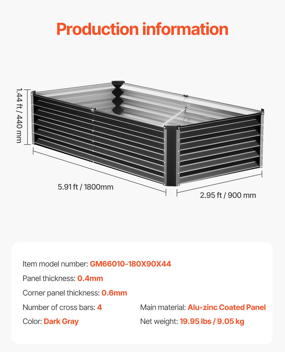 VEVOR Metal Raised Bed 180x90x44cm Galvanized Planter for Outdoor Use, with Open Bottom, Large Vegetable Bed for Growing Vegetables, Flowers, Herbs and Succulents, Dark Grey