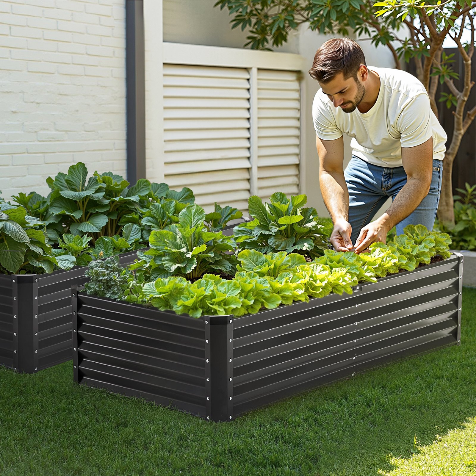 VEVOR Metal Raised Bed 180x90x44cm Galvanized Planter for Outdoor Use, with Open Bottom, Large Vegetable Bed for Growing Vegetables, Flowers, Herbs and Succulents, Dark Grey