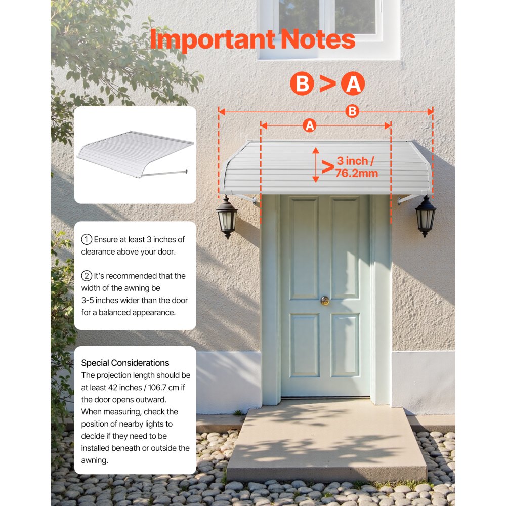 VEVOR Pensilina per Finestra Porta da 1219 x 1066 mm Tettoia per Porta Ingresso, Lega di Alluminio Antiruggine, Pensilina per Patio Esterna, per Protezione da Pioggia, Neve e Luce Solare