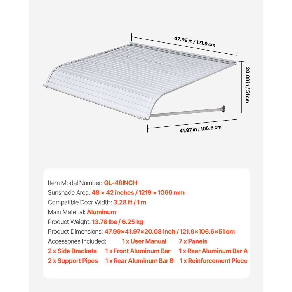 VEVOR Pensilina per Finestra Porta da 1219 x 1066 mm Tettoia per Porta Ingresso, Lega di Alluminio Antiruggine, Pensilina per Patio Esterna, per Protezione da Pioggia, Neve e Luce Solare