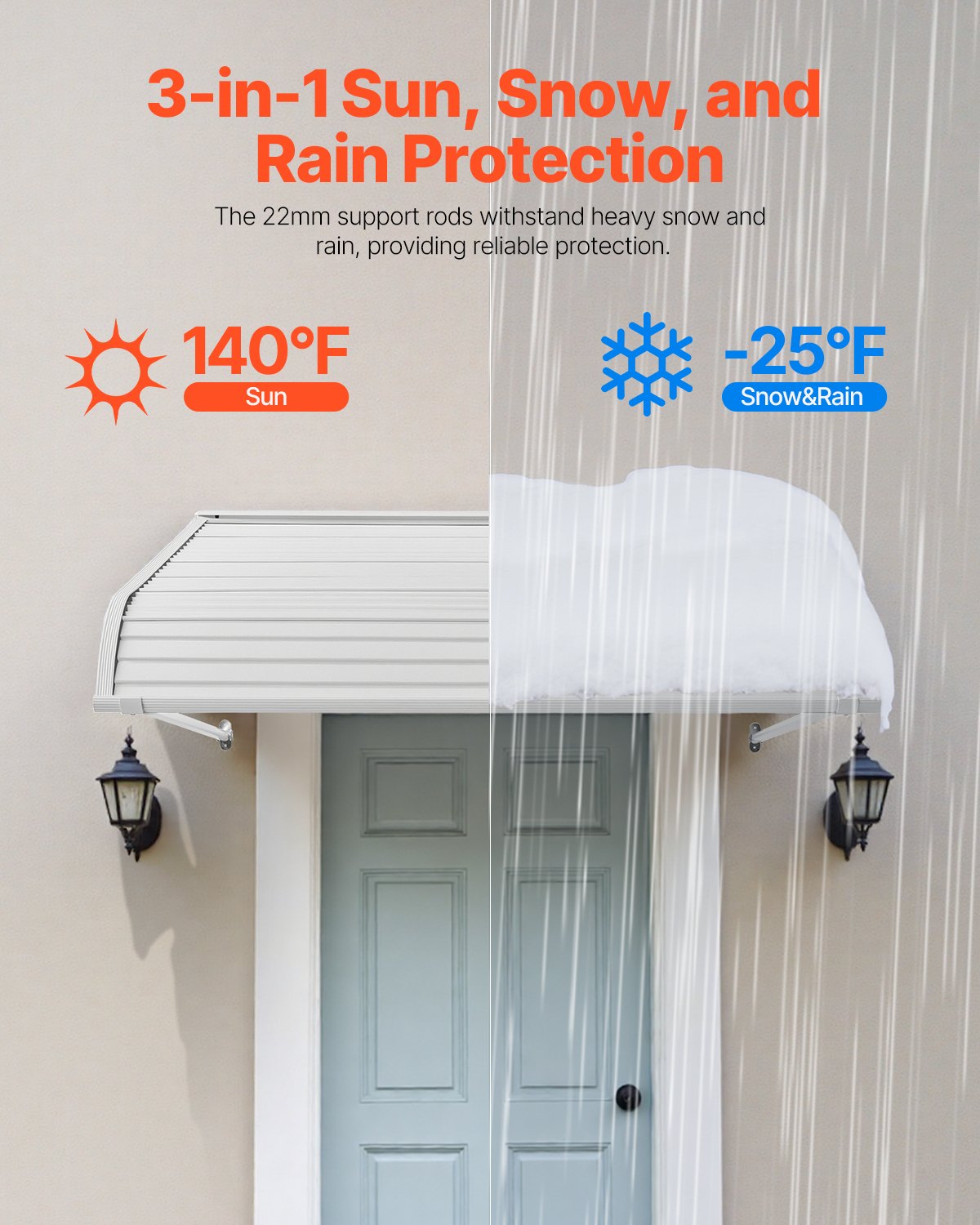 VEVOR Pensilina per Finestra Porta da 1219 x 1066 mm Tettoia per Porta Ingresso, Lega di Alluminio Antiruggine, Pensilina per Patio Esterna, per Protezione da Pioggia, Neve e Luce Solare