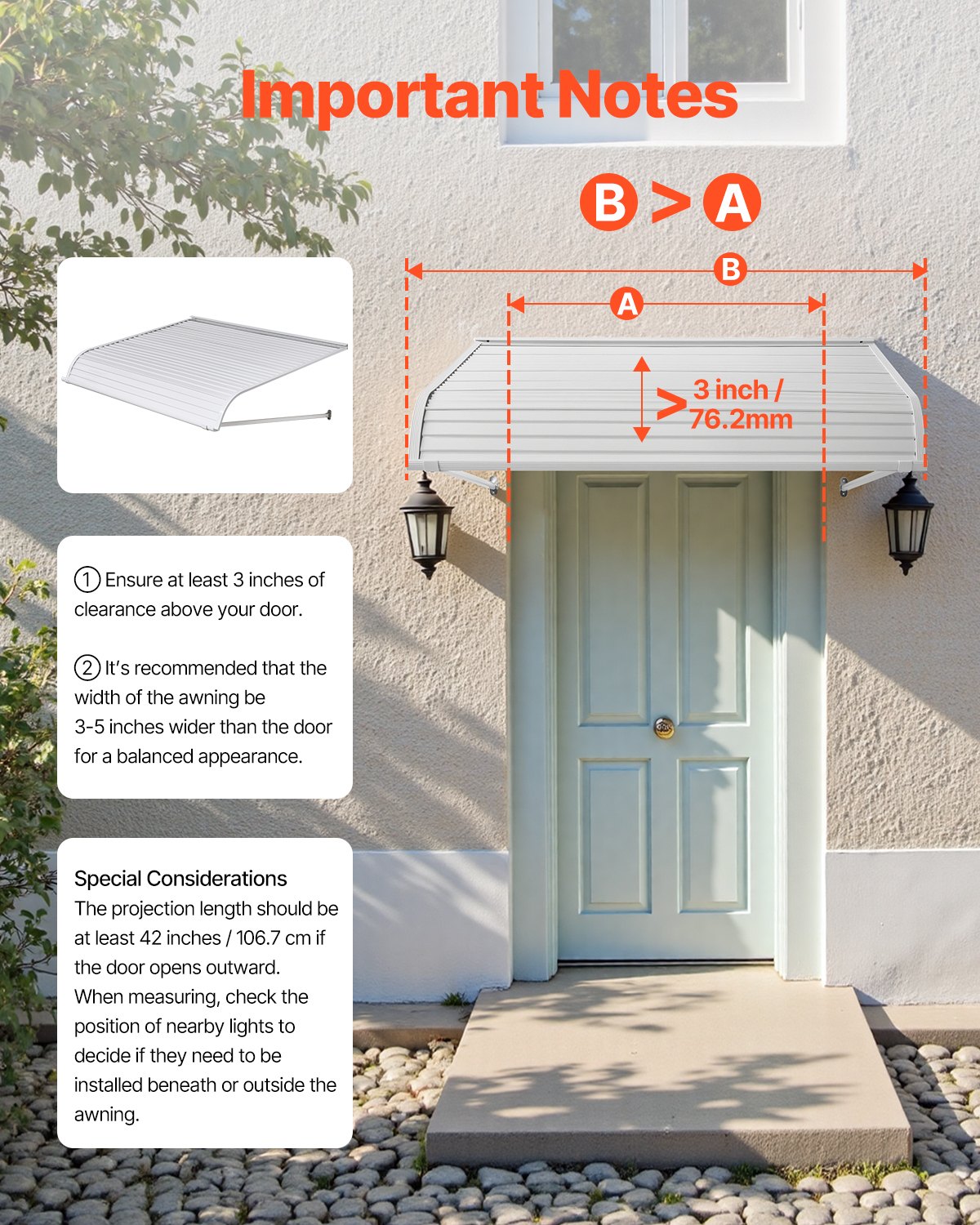 VEVOR Pensilina per Finestra Porta da 1219 x 1066 mm Tettoia per Porta Ingresso, Lega di Alluminio Antiruggine, Pensilina per Patio Esterna, per Protezione da Pioggia, Neve e Luce Solare