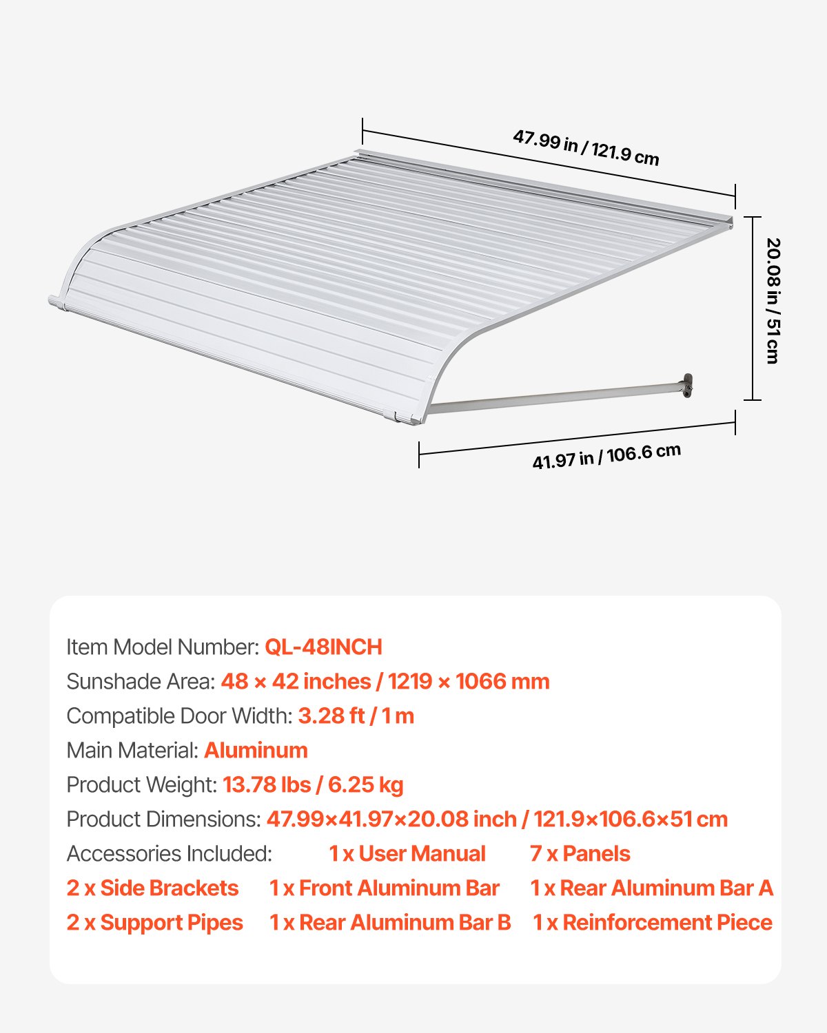VEVOR Pensilina per Finestra Porta da 1219 x 1066 mm Tettoia per Porta Ingresso, Lega di Alluminio Antiruggine, Pensilina per Patio Esterna, per Protezione da Pioggia, Neve e Luce Solare
