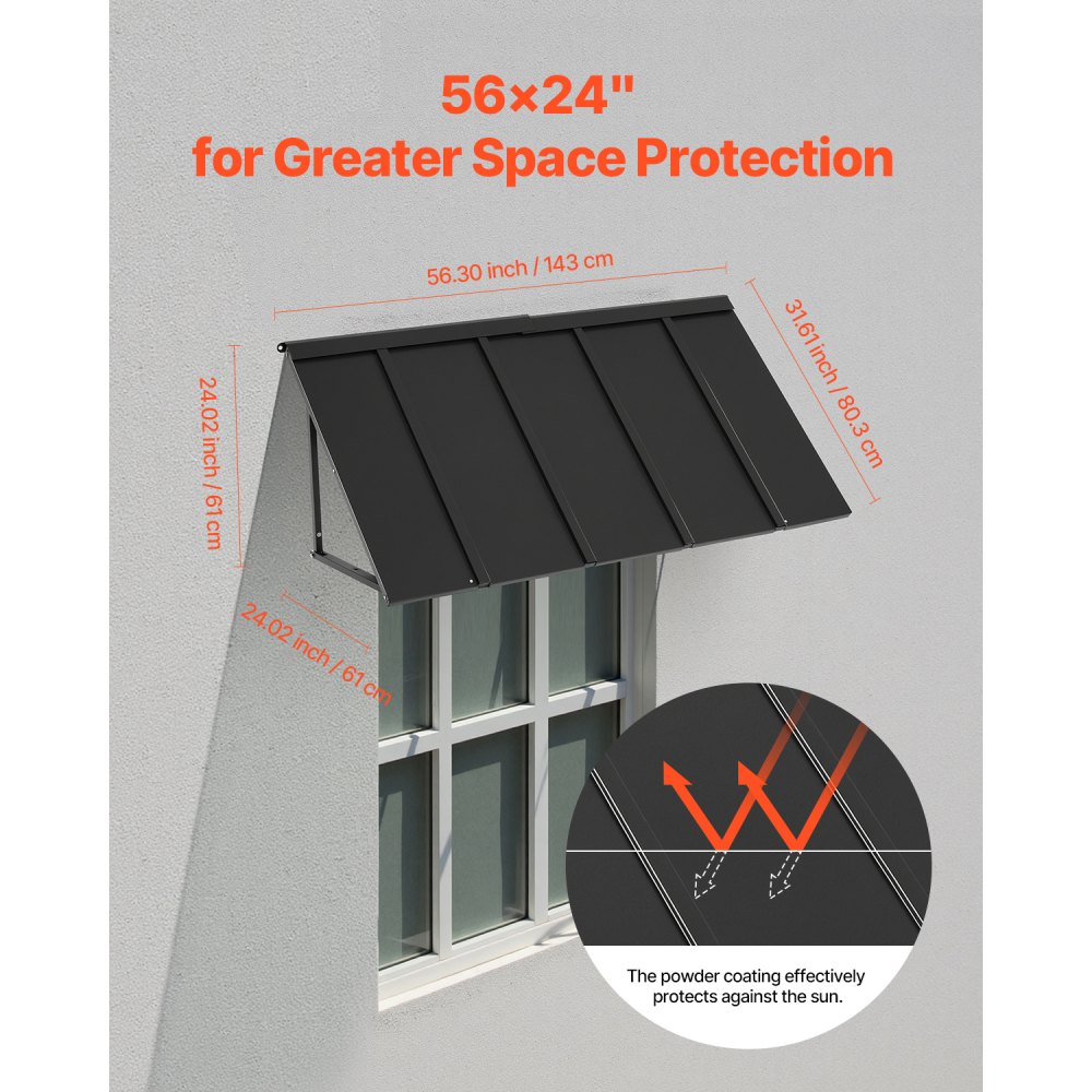 VEVOR window awning 143x61x61 cm, door canopy, sturdy awnings with triangular steel frame for doors, exterior rain and snow protection, sun protection for doorways, windows, verandas, balconies
