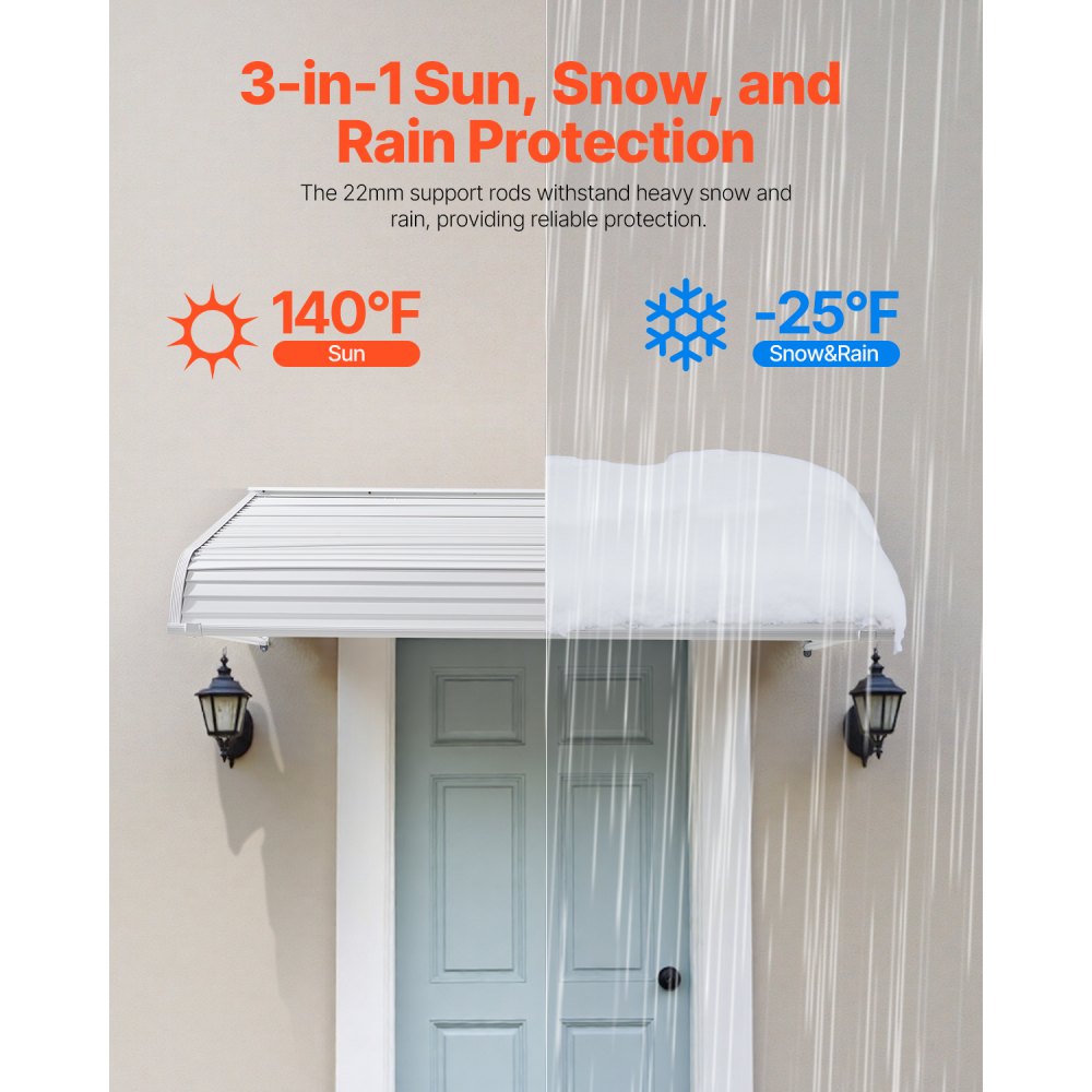 VEVOR Pensilina per Finestra Porta da 1524 x 1066 mm Tettoia per Porta Ingresso, Lega di Alluminio Antiruggine, Pensilina per Patio Esterno, per Protezione da Pioggia, Neve e Luce Solare