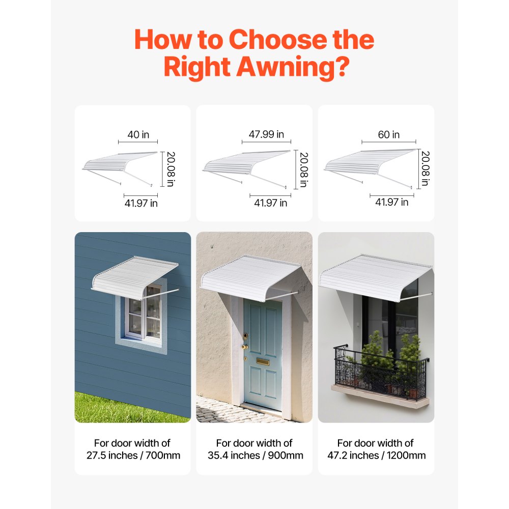 VEVOR Pensilina per Finestra Porta da 1524 x 1066 mm Tettoia per Porta Ingresso, Lega di Alluminio Antiruggine, Pensilina per Patio Esterno, per Protezione da Pioggia, Neve e Luce Solare