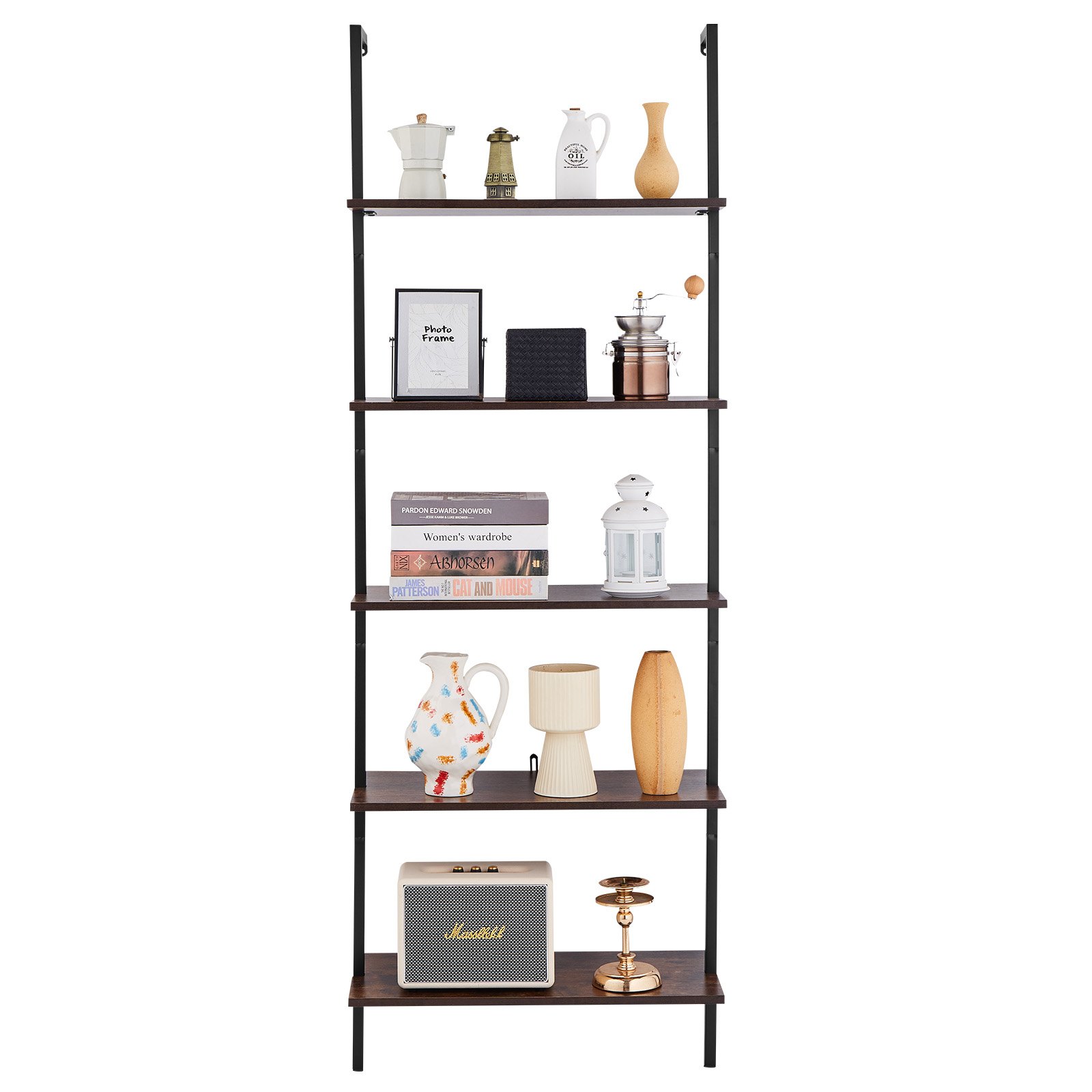 VEVOR Ladder Shelf with Metal Frame, 5 Tiers, Wall-Mounted Bookshelf, 64x30 cm, Floating Wooden Shelves, Storage Shelf, Small Parts Holder for Kitchen, Bedroom, Bathroom, Living Room, Black