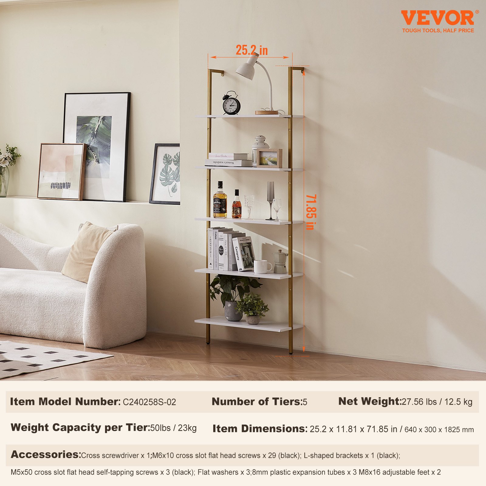 VEVOR Ladder Shelf with Metal Frame, 5 Tiers, Wall-Mounted Bookshelf, Industrial Square Pipe Shelf, 61x30 cm, Small Parts Holder for Kitchen, Bedroom, Bathroom, Living Room, Gold White