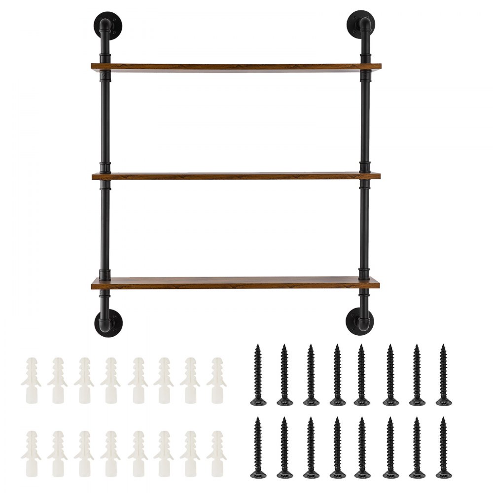VEVOR Scaffale per Tubi Industriali, 3 Ripiani 830 x 205 mm, Mensole Galleggianti in Legno Rustico da Parete, Supporto per Libreria, Portaoggetti per Cucina, Camera da Letto, Bagno, Soggiorno, Nero
