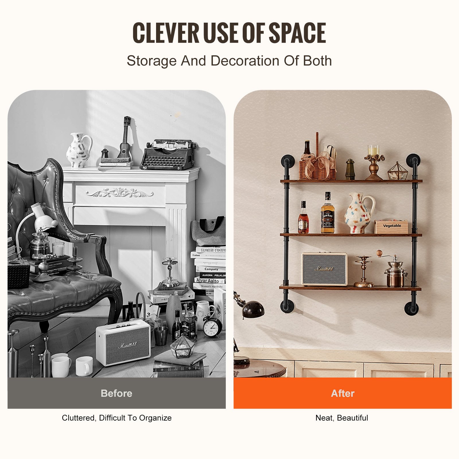 VEVOR Scaffale per Tubi Industriali, 3 Ripiani 800 x 245 mm, Mensole Galleggianti in Legno Rustico da Parete, Supporto per Libreria, Portaoggetti per Cucina, Camera da Letto, Bagno, Soggiorno, Nero