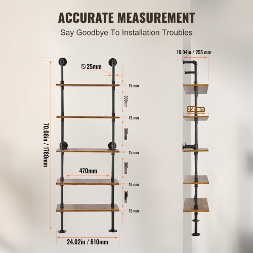 Scaffale per Tubi Industriali, 3 Ripiani 800 x 245 mm, Mensole Galleggianti in Legno Rustico da Parete, Supporto per Libreria, Portaoggetti per Cucina, Camera da Letto, Bagno, Soggiorno, Nero | IT