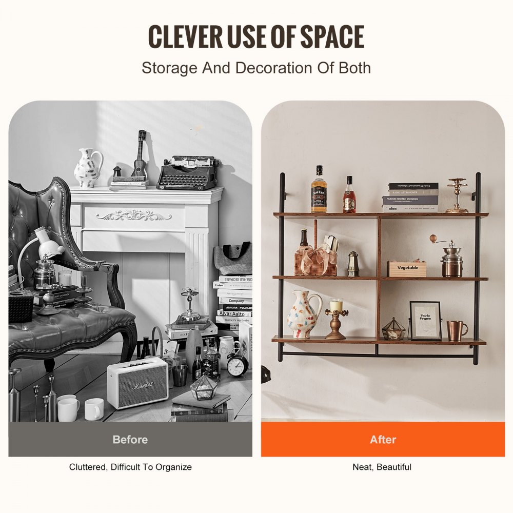 VEVOR Scaffale per Tubi Industriali 3 Ripiani, Mensole Galleggianti in Legno Rustico da Parete 1050 x 240 mm Supporto per Libreria, Portaoggetti per Cucina, Camera da Letto, Bagno, Soggiorno, Nero