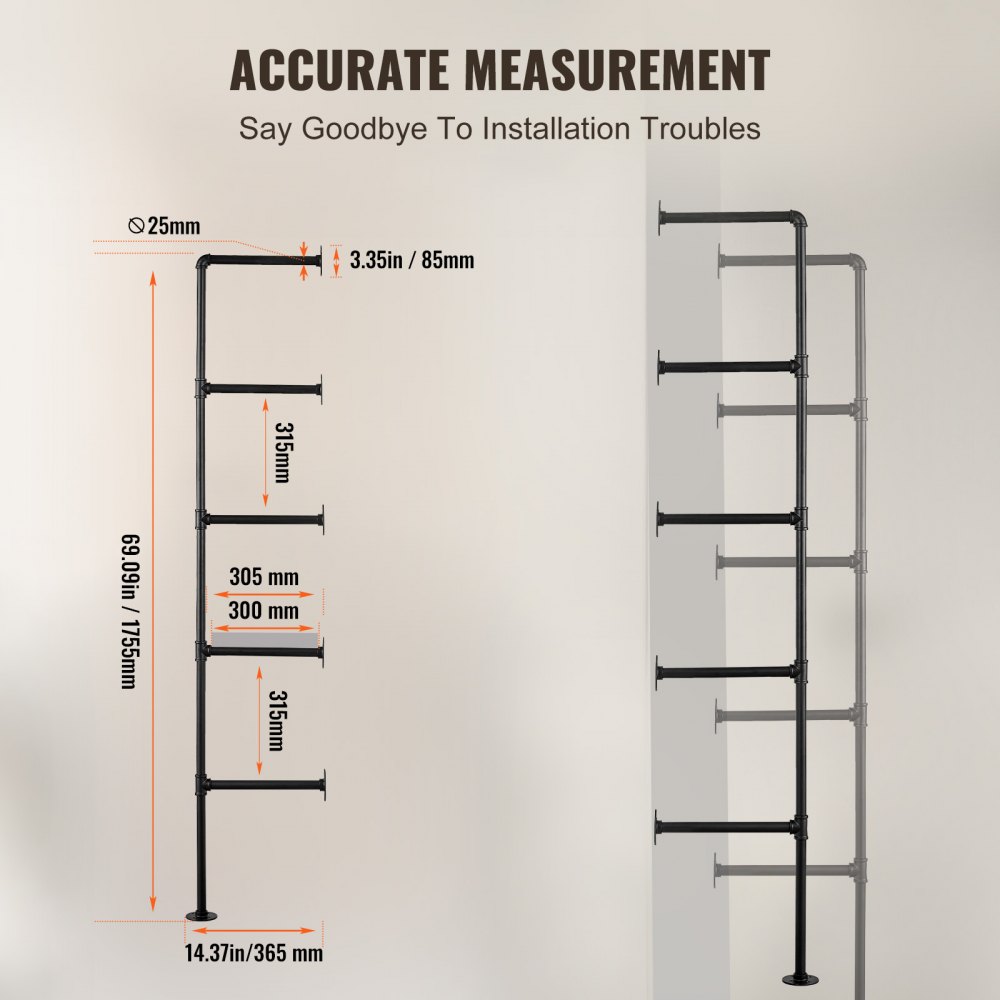 VEVOR Mensola per Tubi Industriali 5 Ripiani, Mensola in Legno Rustico Galleggiante da Parete 2 Pezzi, Larghezza di Tavola Applicabile 300 mm Supporto per Libri, Camera da Letto (Tavole Non Incluse)