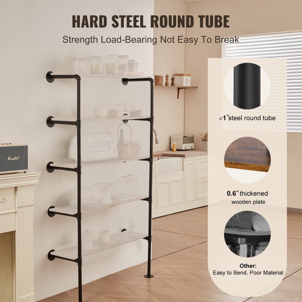 VEVOR Mensola per Tubi Industriali 5 Ripiani, Mensola in Legno Rustico Galleggiante da Parete 2 Pezzi, Larghezza di Tavola Applicabile 250 mm Supporto per Cucina, Camera da Letto (Tavole Non Incluse)