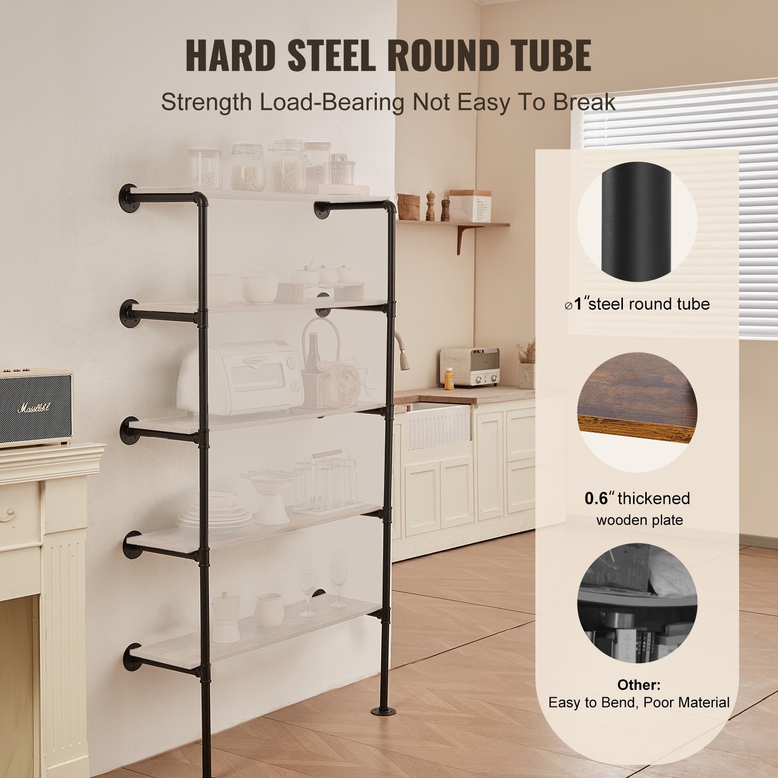 VEVOR Mensola per Tubi Industriali 5 Ripiani, Mensola in Legno Rustico Galleggiante da Parete 2 Pezzi, Larghezza di Tavola Applicabile 250 mm Supporto per Cucina, Camera da Letto (Tavole Non Incluse)